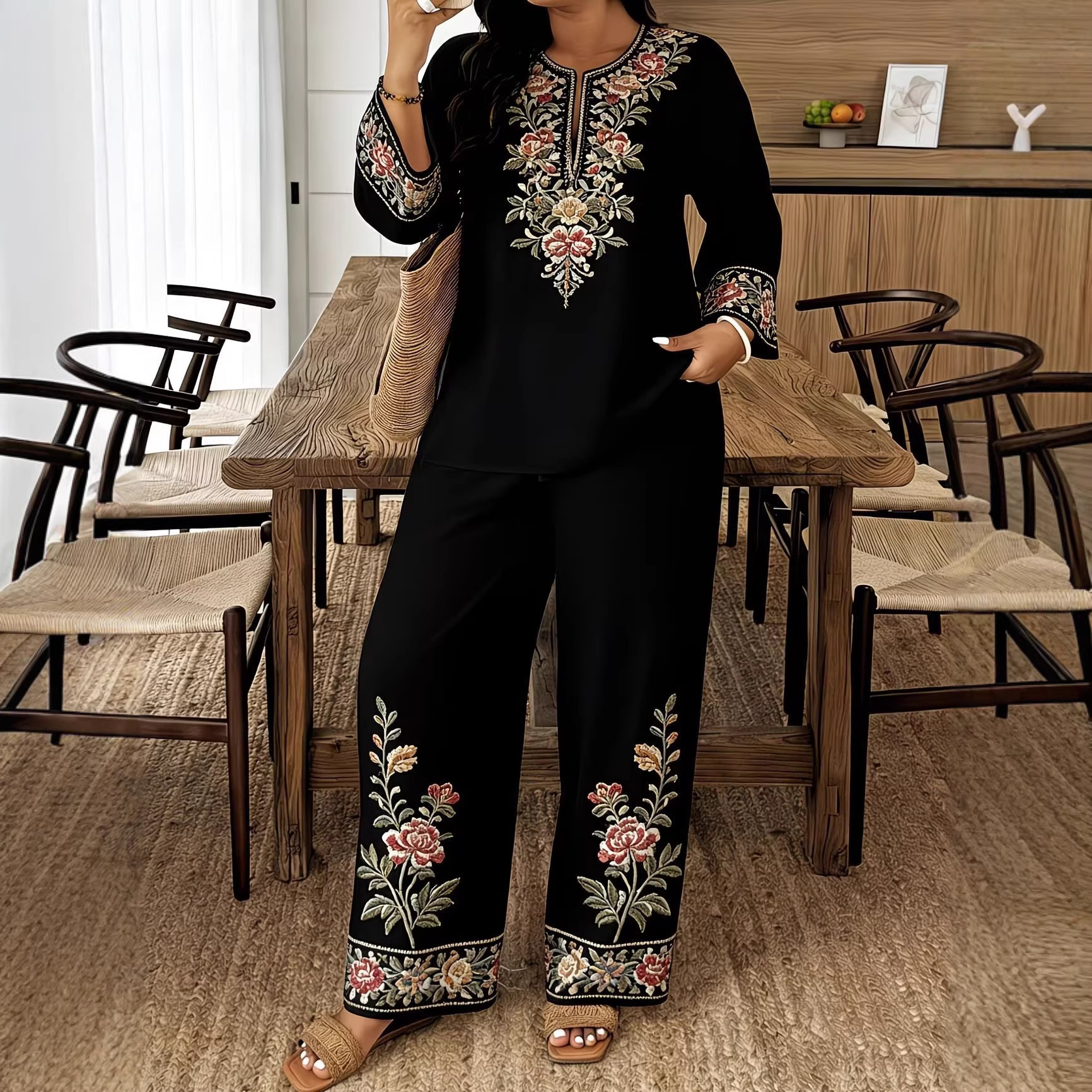 Long-sleeve Lace Floral Long-sleeve Ethnic-style Middle Eastern Set - Image 4