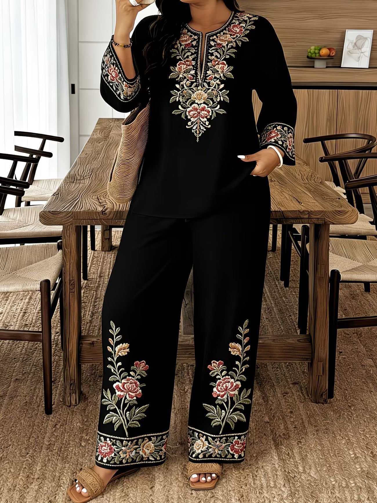 Long-sleeve Lace Floral Long-sleeve Ethnic-style Middle Eastern Set - Image 3