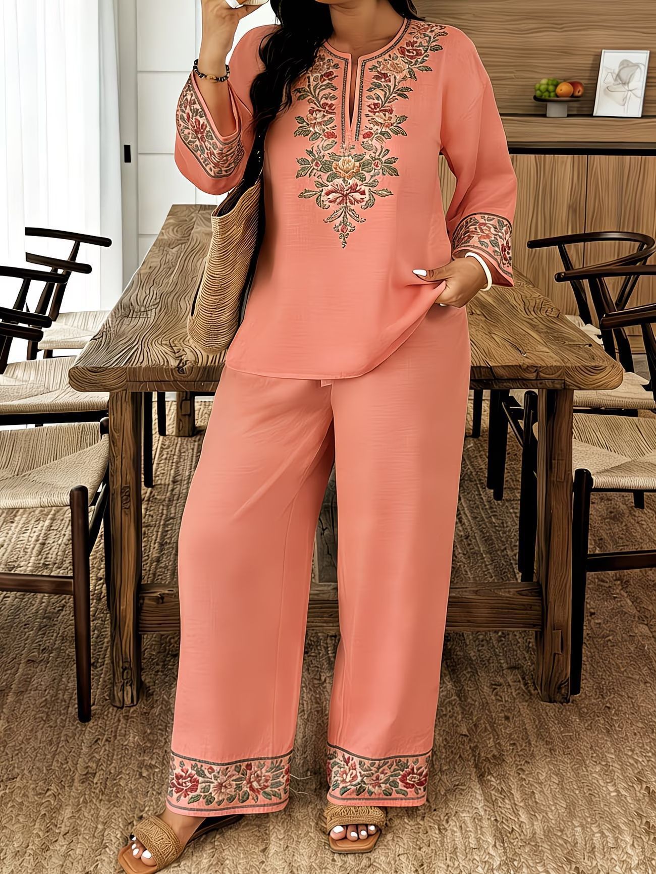 Long-sleeve Lace Floral Long-sleeve Ethnic-style Middle Eastern Set - Image 2